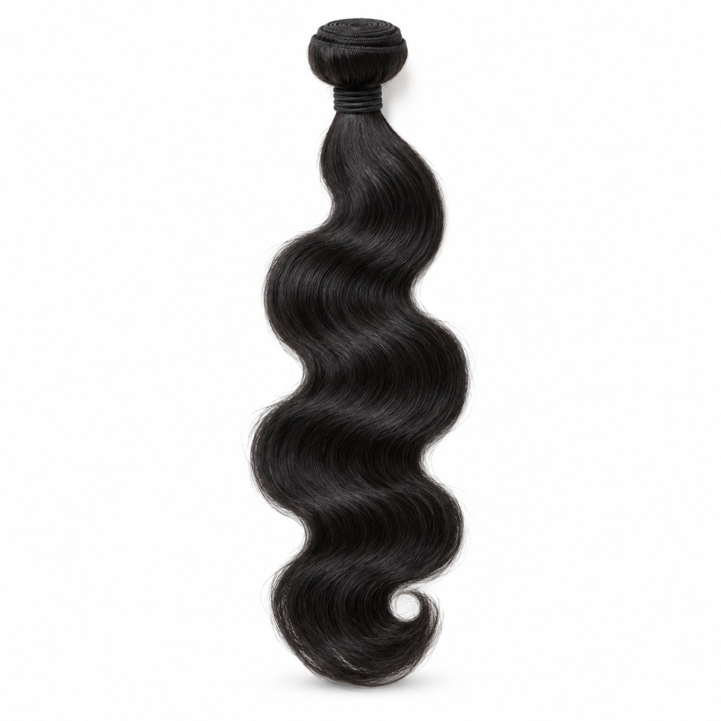 Black body-wave hair bundle on a white background